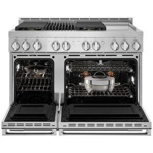 JennAir Noir Series 48 in. 6.3 cu. ft. Smart True European Convection Double Oven Gas Range with 4 Sealed Burners, Grill & Griddle - Stainless Steel, , hires