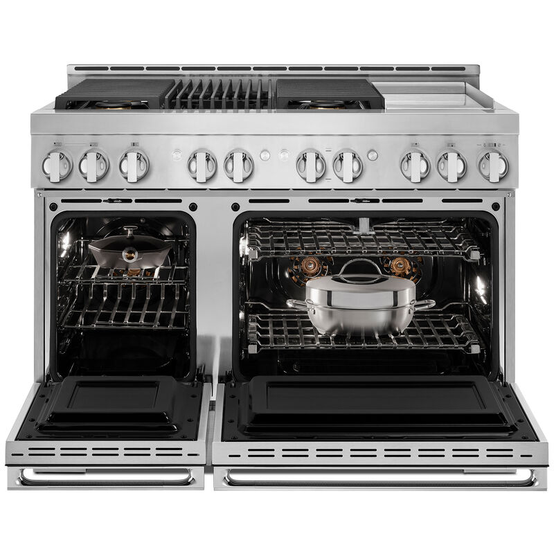 JennAir Noir Series 48 in. 6.3 cu. ft. Smart True European Convection Double Oven Gas Range with 4 Sealed Burners, Grill & Griddle - Stainless Steel, , hires
