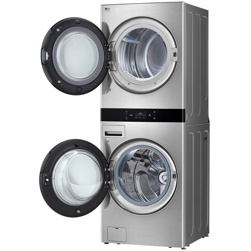 LG 27 in. 5.0 cu. ft. Smart Electric Front Load WashTower with AI Sensor Dry, TurboSteam, Allergiene Cycle, ezDispense, AI DD 2.0 Advanced Washing, Sensor Dry, Sanitize & Steam Cycle - Noble Steel, Noble Steel, hires