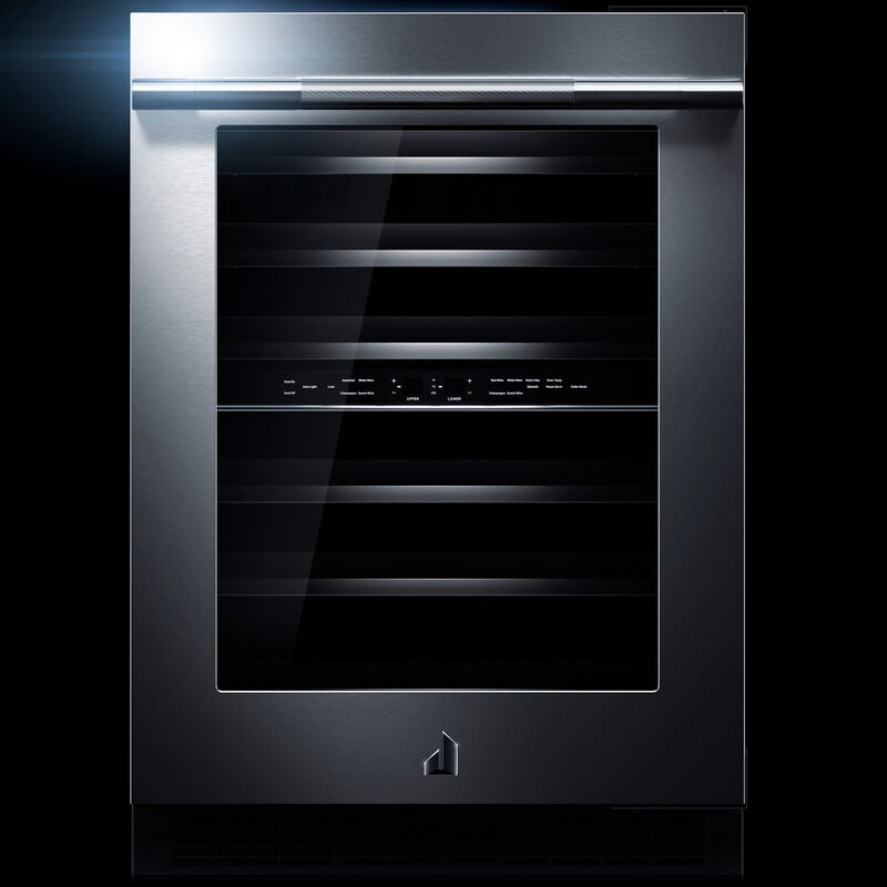 JennAir Rise 24 in. Undercounter Wine Cooler with Wood Racks, Dual Temperature Zones & 45 Bottle Capacity - Stainless Steel, , hires