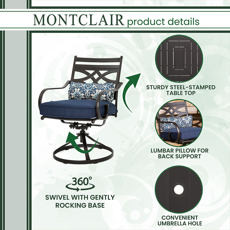 Montclair 7-Piece Dining Set in Navy Blue with 6 Swivel Rockers and a 40" x 67" Dining Table, , hires