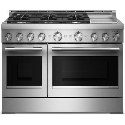 KitchenAid Commercial-Style 48 in. 6.3 cu. ft. Air-Fry True European Convection Double Oven Gas Range with 6 Sealed Burners & Griddle - Stainless Steel | KFGD948SSS