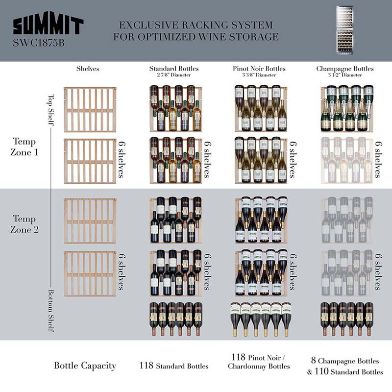 Summit 24 in. Wine Cooler with Wood Racks, Dual Temperature Zones & 118 Bottle Capacity - Stainless Steel, , hires