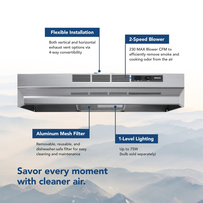 Broan F40000 Series 30 in. Standard Style Range Hood with 2 Speed Settings, 230 CFM & 1 Incandescent Light - Stainless, , hires