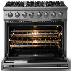 Viking 5 Series 36 in. 5.6 cu. ft. True European Convection Dual Fuel Range with 6 Sealed Burners - Stainless Steel - Natural Gas, Polished Chrome Trim Option, , hires