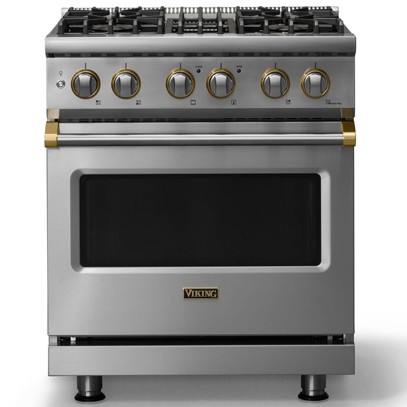 Viking 5 Series 30 in. 4.7 cu. ft. True European Convection Dual Fuel Range with 4 Sealed Burners - Stainless Steel - Natural Gas, Brushed Brass Trim Option, , hires