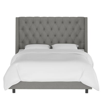 Skyline California King Nail Button Tufted Wingback Bed in Linen - Grey | 124NBBEDPWLG