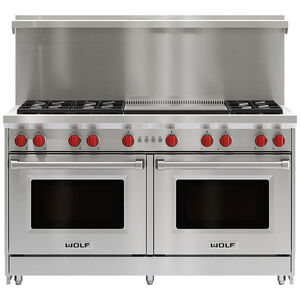 Wolf 60 in. 8.8 cu. ft. Standard Convection Double Oven Gas Range with 6 Sealed Burners & Griddle - Stainless Steel, , hires