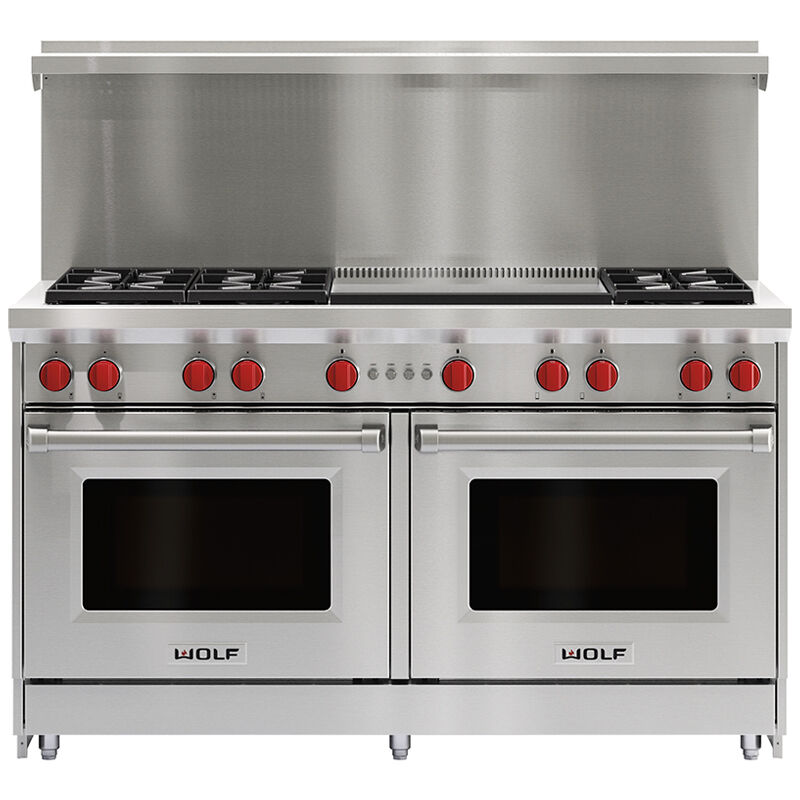 Wolf 60 in. 8.8 cu. ft. Standard Convection Double Oven Gas Range with 6 Sealed Burners & Griddle - Stainless Steel, , hires