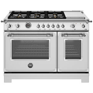 Bertazzoni Heritage Series 48 in. 7.0 cu. ft. Air Fry Convection Double Oven Freestanding Dual Fuel Range with 6 Sealed Burners & Griddle - Stainless Steel, , hires