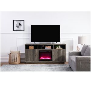 Lilola Ambrose 70"W Gray Walnut Finish Fireplace TV Stand Console with Heater, LED Light, Cabinets, Shelves, , hires