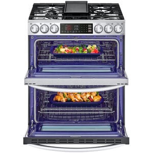 LG 30 in. 6.9 cu. ft. Smart Air Fry True European Convection Double Oven Slide-In Gas Range with 5 Sealed Burners & Griddle - PrintProof Stainless Steel, PrintProof Stainless Steel, hires