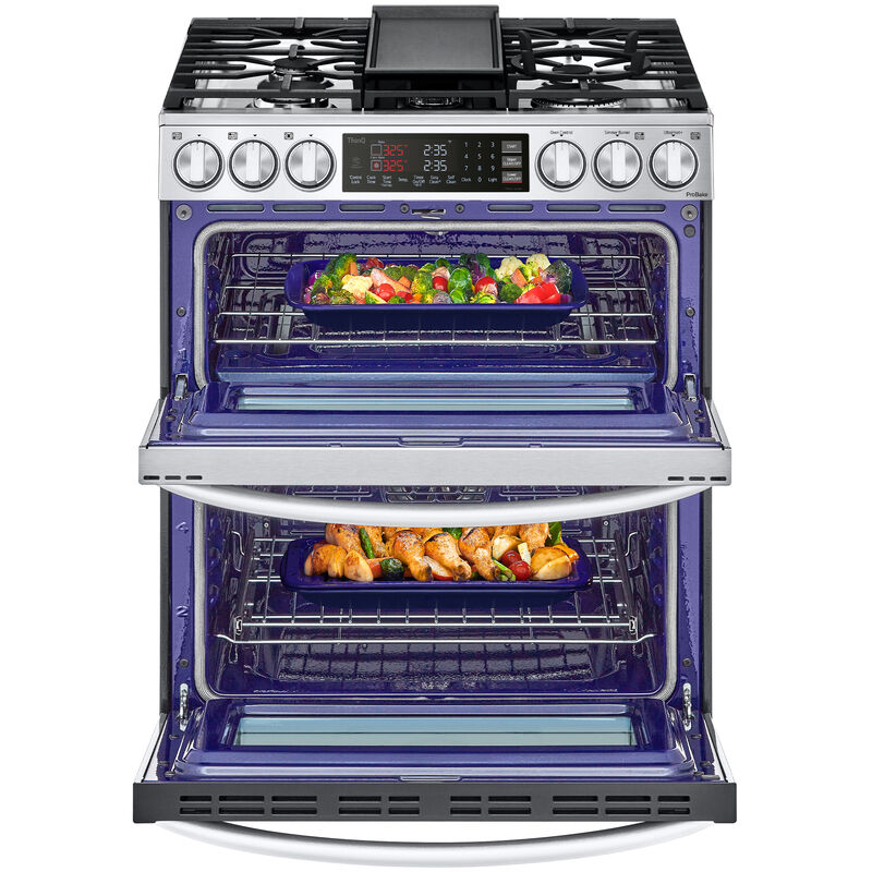 LG 30 in. 6.9 cu. ft. Smart Air Fry True European Convection Double Oven Slide-In Gas Range with 5 Sealed Burners & Griddle - PrintProof Stainless Steel, PrintProof Stainless Steel, hires