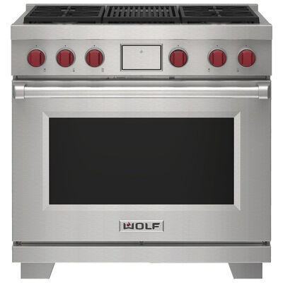 Wolf 36 in. 6.3 cu. ft. Smart Convection Oven Freestanding Natural Gas Dual Fuel Range with 4 Sealed Burners & Grill - Stainless Steel | DF36450C/S/P