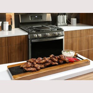 GE Profile 30 in. 6.8 cu. ft. Smart Air Fry True European Convection Double Oven Gas Range with 5 Sealed Burners, Grill & Griddle - Black Stainless, Black Stainless, hires