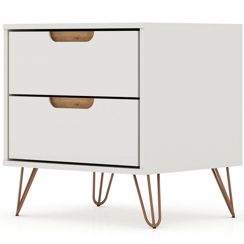 Manhattan Comfort Rockefeller Mid-Century Modern 2-Drawer Nightstand Off White/Natural, White, hires