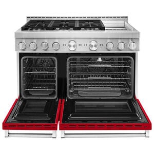 KitchenAid 48 in. 6.3 cu. ft. Smart True European Convection Double Oven Gas Range with 6 Sealed Burners & Griddle - Passion Red, , hires