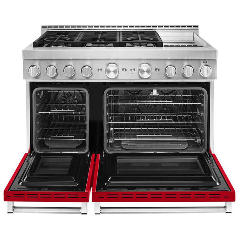 KitchenAid 48 in. 6.3 cu. ft. Smart True European Convection Double Oven Gas Range with 6 Sealed Burners & Griddle - Passion Red, , hires