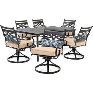 Hanover Montclair 7-Piece Dining Set with 6 Swivel Rockers - Tan/Brown, , hires
