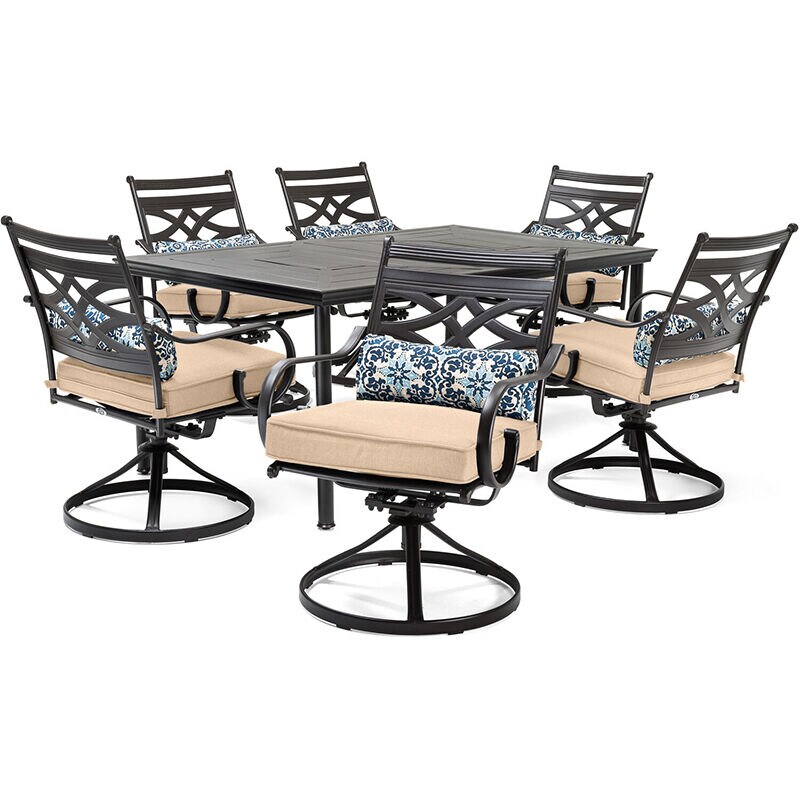 Hanover Montclair 7-Piece Dining Set with 6 Swivel Rockers - Tan/Brown, , hires