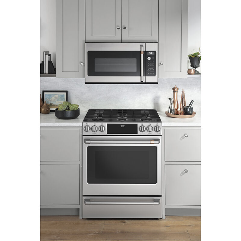 Cafe 30 in. 5.7 cu. ft. Smart Air Fry True European Convection Slide-In Dual Fuel Range with 6 Sealed Burners & Griddle - Stainless Steel, , hires