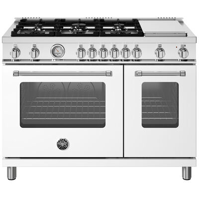 Bertazzoni Master Series 48 in. 7.1 cu. ft. Dual Convection Double Oven Gas Range with 6 Sealed Burners & Griddle - Matte White | MAS486GASBIV