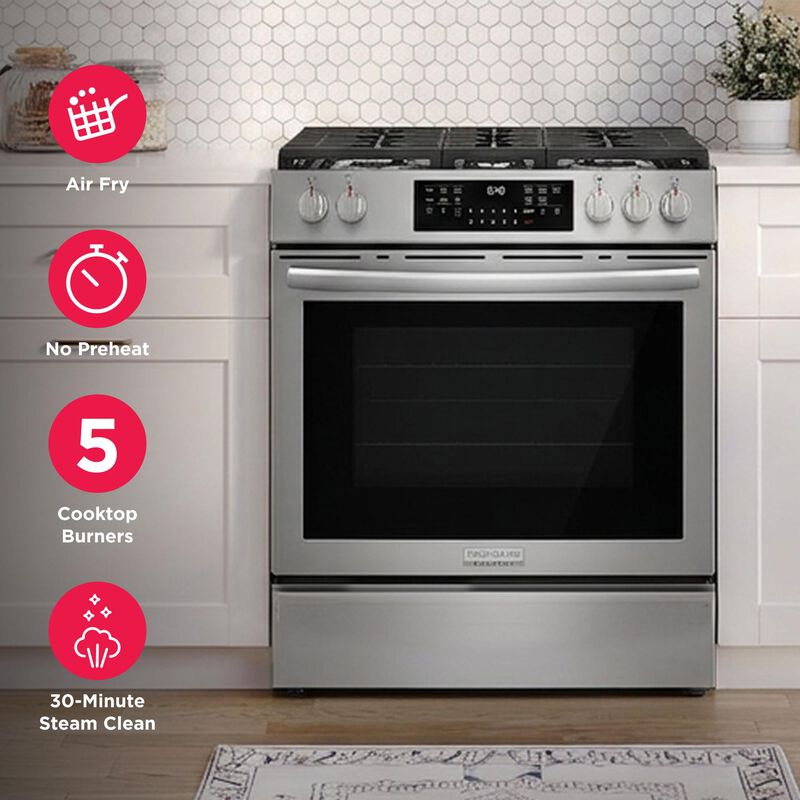 Frigidaire Gallery 30 in. 5.1 cu. ft. Air-Fry True European Convection Steam Gas Range with 5 Sealed Burners - Stainless Steel, , hires