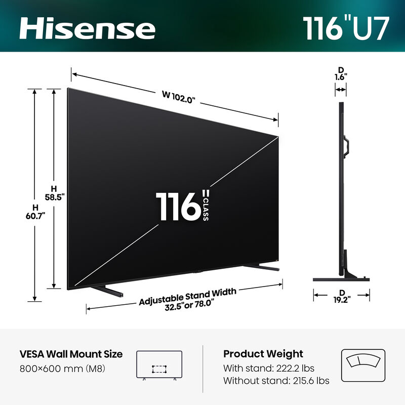 Hisense - 116" Class U7 Series ULED Mini-LED 4K UHD Smart Google TV, , hires