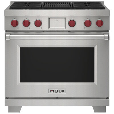 Wolf 36 in. 6.3 cu. ft. Smart Convection Oven Freestanding LP Gas Dual Fuel Range with 4 Sealed Burners & Grill - Stainless Steel | DF36450CSPLP