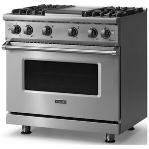 Viking 5 Series 36 in. 5.1 cu. ft. Standard Convection Gas Range with 4 Sealed Burners & Griddle - Stainless Steel - Liquid Propane Gas, Polished Chrome Trim Option, , hires