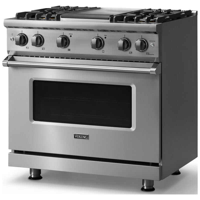 Viking 5 Series 36 in. 5.1 cu. ft. Standard Convection Gas Range with 4 Sealed Burners & Griddle - Stainless Steel - Liquid Propane Gas, Polished Chrome Trim Option, , hires