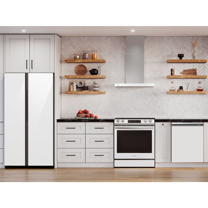 Samsung 30 in. Smart Convertible Chimney Style Range Hood with 630 CFM, 4 Fan Speeds & 1 LED Light - White, , hires