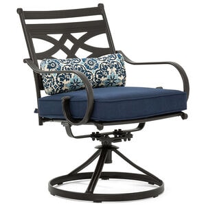 Hanover Montclair 11-Piece Dining Set in Navy Blue with 10 Swivel Rockers and a 60-In. x 84-In. Table - Navy/Brown, , hires