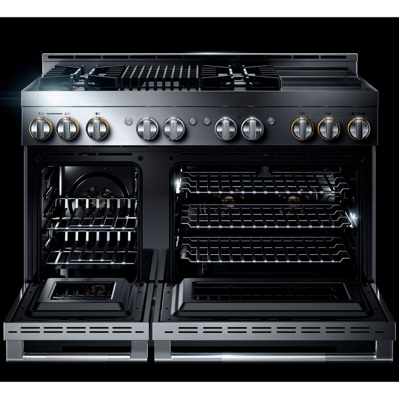 JennAir Rise Series 48 in. 6.3 cu. ft. Smart True European Convection Double Oven Gas Range with 4 Sealed Burners, Grill & Griddle - Stainless Steel, , hires