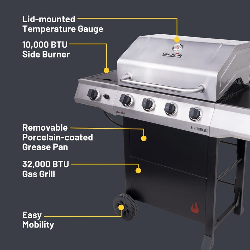 CharBroil Grill Performance Series 4-Burner Liquid Propane Gas Grill with Electronic Ignition System & Side Burner - Black with Stainless Steel, , hires