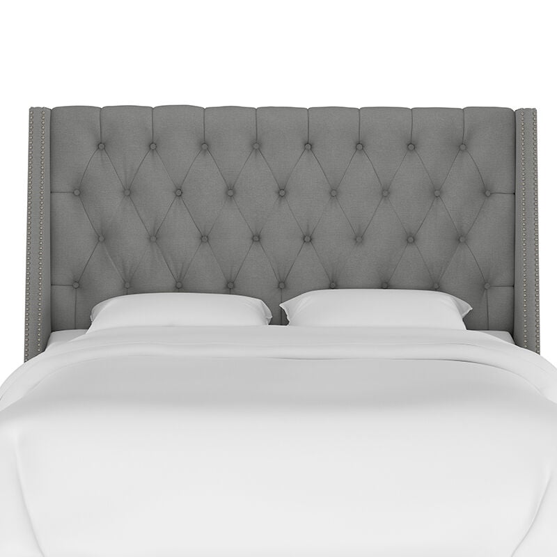 Skyline Twin Nail Button Tufted Wingback Headboard in Linen - Grey, Grey, hires
