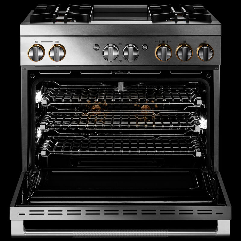 JennAir Rise Series 36 in. 5.1 cu. ft. Smart True European Convection Steam Dual Fuel Range with 4 Sealed Burners & Griddle - Stainless Steel, , hires