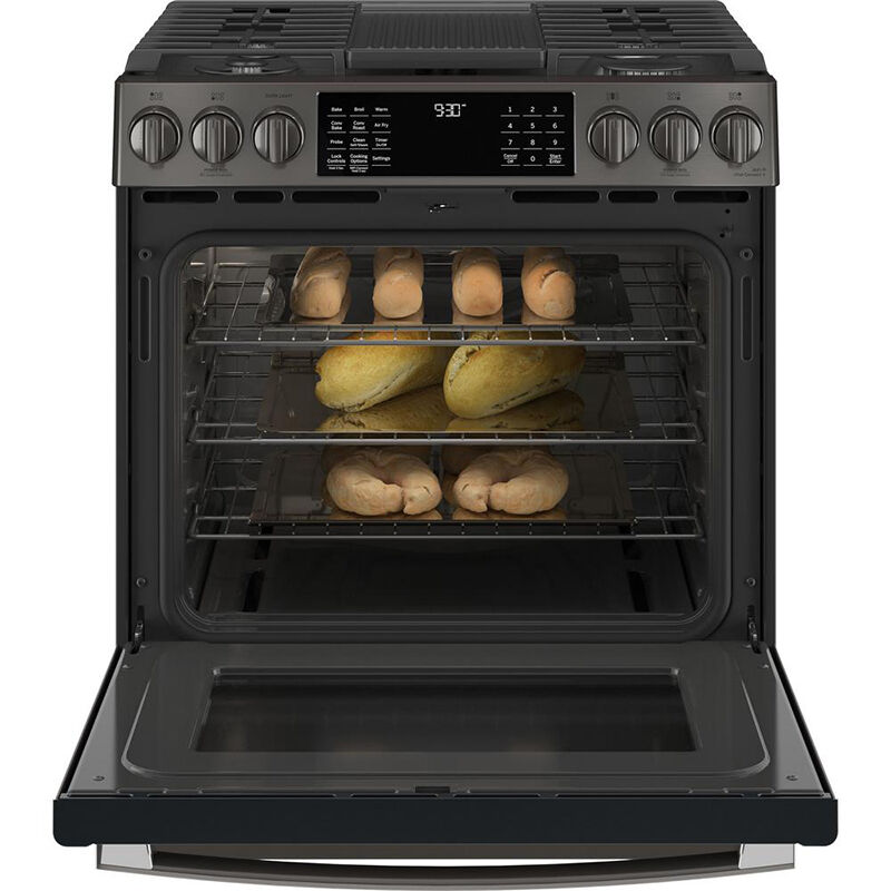 GE Profile 30 in. 5.6 cu. ft. Smart Air Fry True European Convection Slide-In Gas Range with 5 Sealed Burners, Grill & Griddle - Fingerprint resistant Black Stainless, , hires