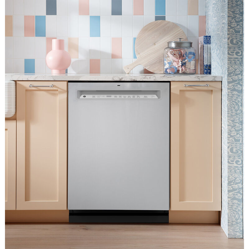 GE 24 in. Built-In Dishwasher with Front Control, 47 dBA Sound Level, 16 Place Settings, 5 Wash Cycles & Sanitize Cycle - Fingerprint Resistant Stainless, Fingerprint Resistant Stainless, hires