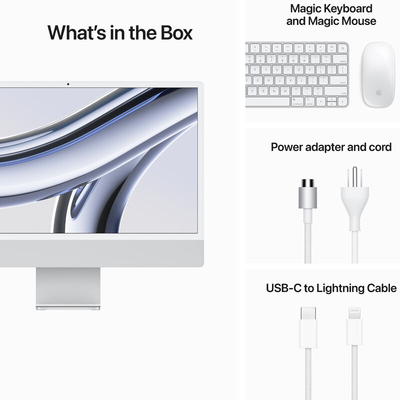 Apple iMac 24" (Late 2023) with Apple M3, 4.5K Retina Display, 8GB RAM, 512GB SSD, 8-core CPU, 10-core GPU, Silver, , hires