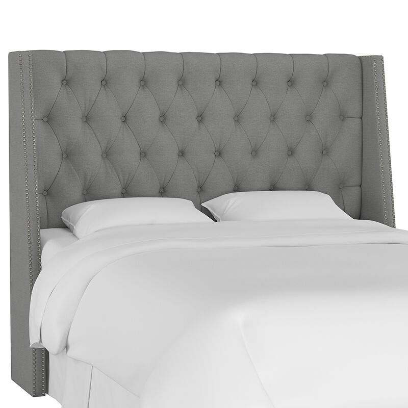 Skyline Queen Nail Button Tufted Wingback Headboard in Linen - Grey, Grey, hires