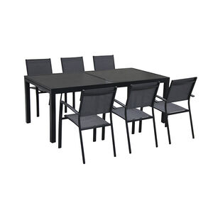 Hanover Naples 7-Piece 79" Rectangle Cast Top Dining Set with Stackable Chairs - Gray, , hires