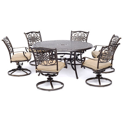 Hanover Traditions 7-Piece Dining Set in Tan with a 60 In. Round Cast-top Table and Six Swivel Rockers | TRAD7PCSWRD6