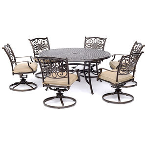 Hanover Traditions 7-Piece Dining Set in Tan with a 60 In. Round Cast-top Table and Six Swivel Rockers, , hires