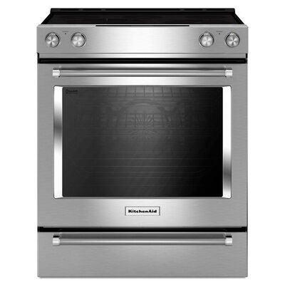 KitchenAid 30 in. 6.4 cu. ft. Convection Oven Slide-In Electric Range with 5 Smoothtop Burners - Stainless Steel | KSEG700ESS