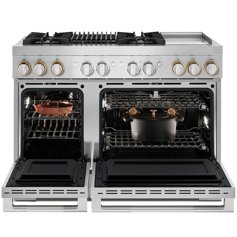 JennAir Rise Series 48 in. 4.1 cu. ft. Smart Convection Double Oven Freestanding Dual Fuel Range with 4 Sealed Burners, Grill & Griddle - Stainless Steel, , hires