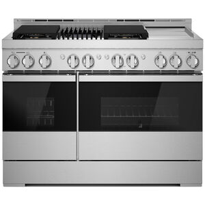 JennAir Noir Series 48 in. 6.3 cu. ft. Smart True European Convection Double Oven Dual Fuel Range with 4 Sealed Burners, Grill & Griddle - Stainless Steel, , hires