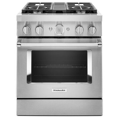 KitchenAid 30 in. 4.1 cu. ft. Smart Convection Oven Freestanding Dual Fuel Range with 4 Sealed Burners - Stainless Steel | KFDC500JSS