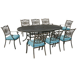 Hanover Traditions 9-Piece Dining Set with Eight Stationary Dining Chairs And 95" x 60" Oval Cast Dining Table - Blue/Bronze, , hires