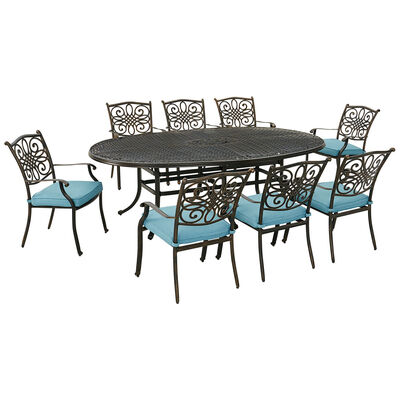 Hanover Traditions 9-Piece Dining Set with Eight Stationary Dining Chairs And 95" x 60" Oval Cast Dining Table - Blue/Bronze | TRADDN9PCOVB